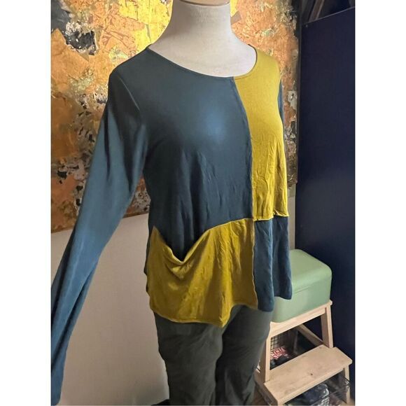 Chalet et ceci Lagenlook Colorblocked Bamboo Blend Green Tunic L - Picture 3 of 9